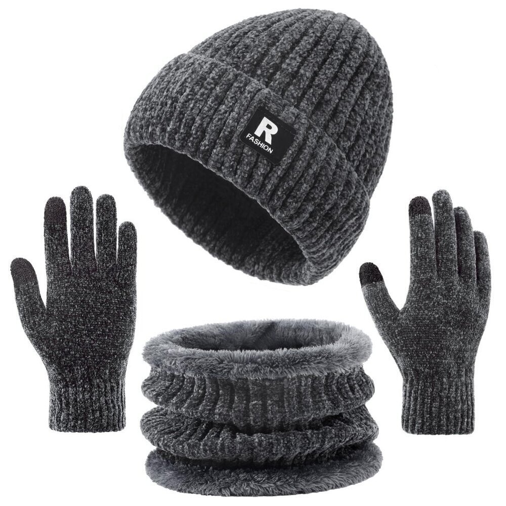 Thick Warm Chenille Skull Cap Touchscreen Gloves Neck Warmer Set Unisex